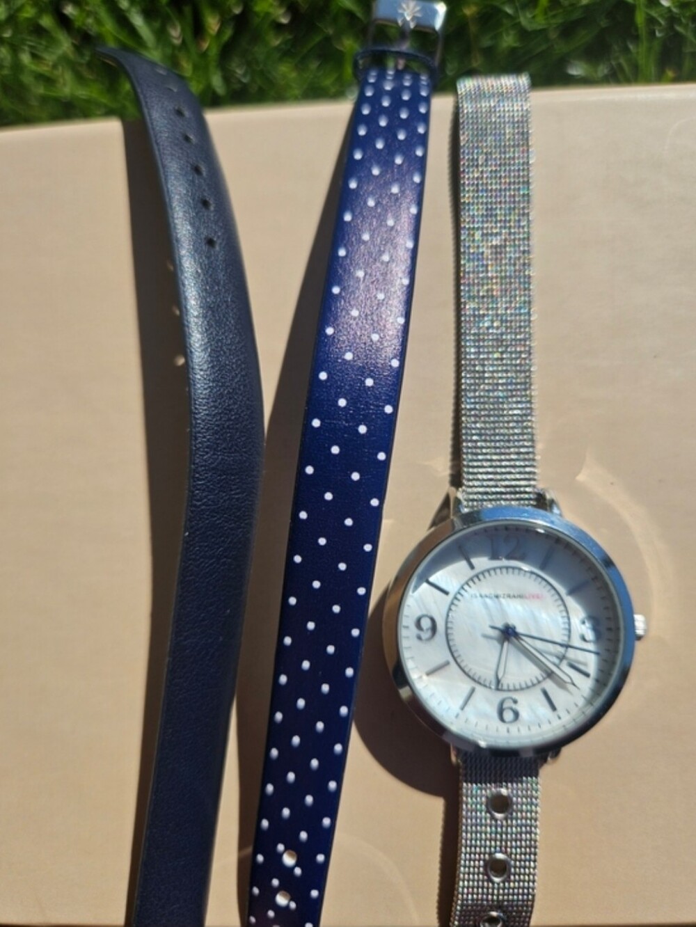Isaac Mizrahi Silver Mesh Strap Watch with Navy Polka Dot and Solid Straps